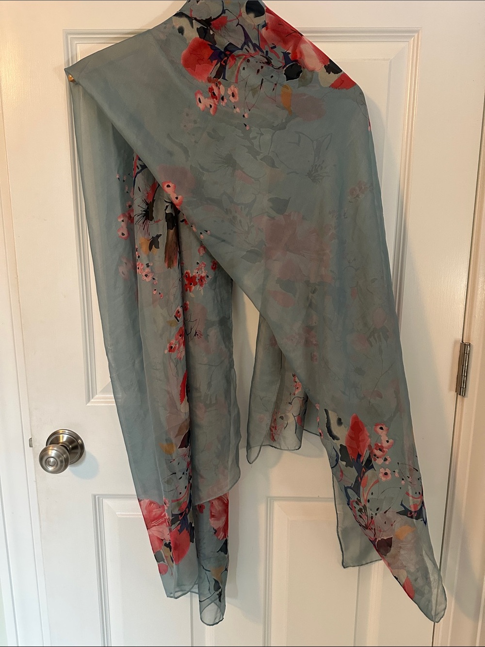 Light Blue Floral Chiffon Scarf with Floral Coral Printed Accents